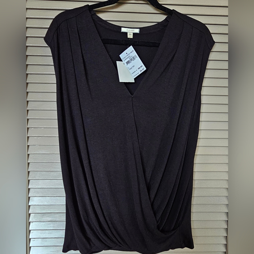 Pleione Ruched Black Draped Women's Blouse Large NEW WITH TAG